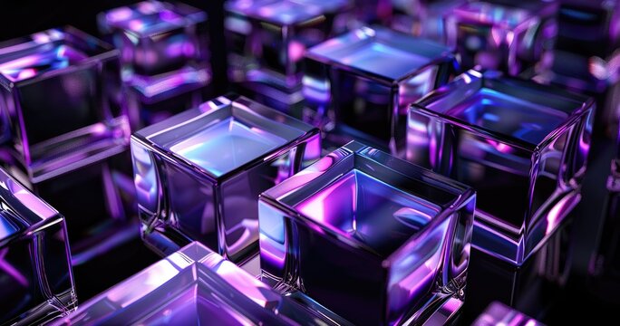 A cluster of translucent cubes reflecting vibrant purple and blue light.