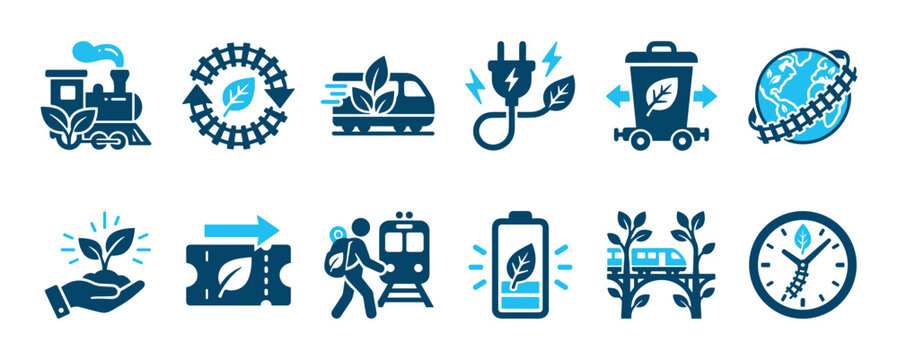 Green railway transportation glyph icon collection featuring sustainable travel, electric trains, biofuel, recycling, and ecological tourism pictograms