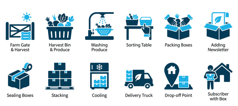 Set of blue two-tone icons illustrating the farm-to-door delivery process for a fresh produce subscription box, showing harvesting, packing, cooling, and shipping steps