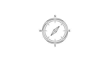 Classic navigation compass line art with cardinal directions, detailed outline on isolated white background, travel and exploration symbol. © Dinda