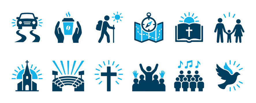 Collection of blue two-tone vector icons representing Christian faith, community, and lifestyle concepts like worship, travel, family, bible study, and praise