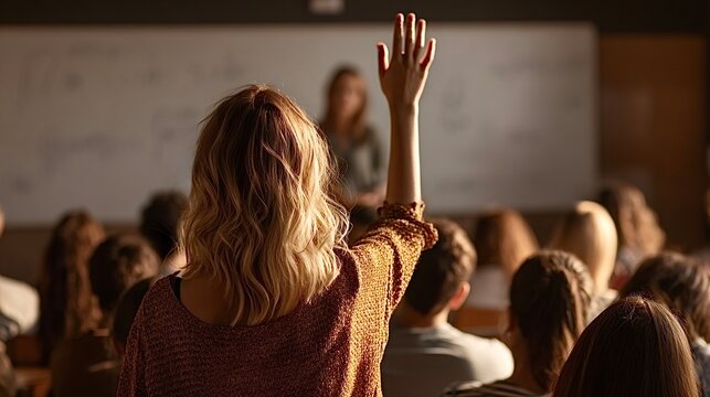 Student raising hand asking question in classroom learning environment