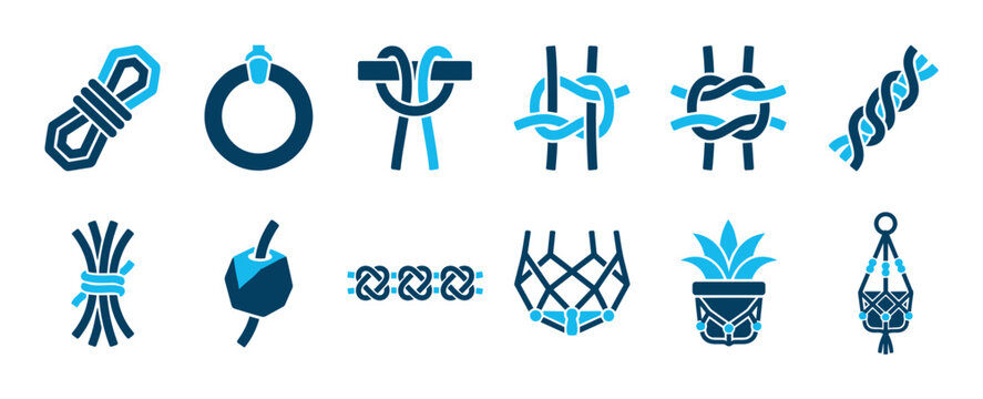 Macrame and knotting craft icon set with rope, various knots, beads, and plant hangers in a modern two-color glyph style for DIY hobby and handmade decoration concepts