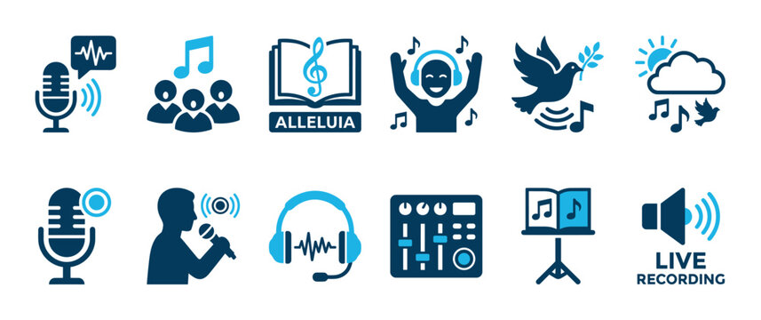Blue and black gospel music icon set featuring symbols for choir singing, praise, worship, and live audio recording like a microphone, hymnal, dove, and sound mixer