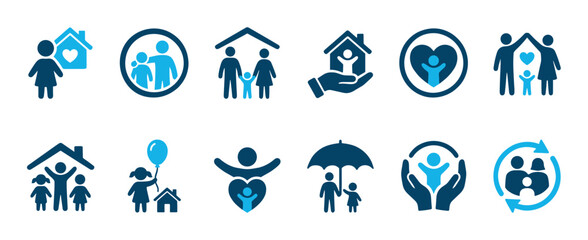 Fototapeta premium Set of blue family icons representing home, care, love, and protection in a minimalist vector style for social services, community, or insurance concepts