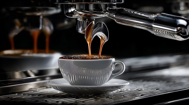 A close-up shot shows freshly brewed espresso pou into a white ceramic cup from a professional espresso machine in a cafe setting.