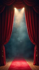 Naklejka premium Red velvet curtains frame empty stage with red carpet leading forward. Dramatic spotlights pierce foggy atmosphere, creating mysterious anticipation for performance or event.