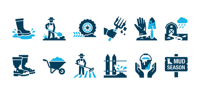 Set of blue glyph icons for the mud season, illustrating farming and gardening concepts with symbols of a farmer, tools, muddy boots, and a rainy barn scene