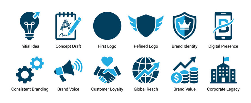Set of twelve blue infographic icons illustrating the brand development process from initial idea and logo design to establishing corporate legacy and global business reach