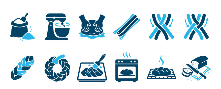 Bread making instruction icon set showing the complete step-by-step process from flour, mixing, and kneading dough to braiding, baking, and slicing a fresh loaf