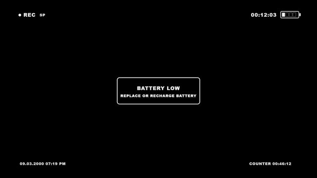 Battery low camcorder recording overlay with REC indicator and HUD interface on black background, vintage camera viewfinder warning screen for vlog, surveillance and video production projects