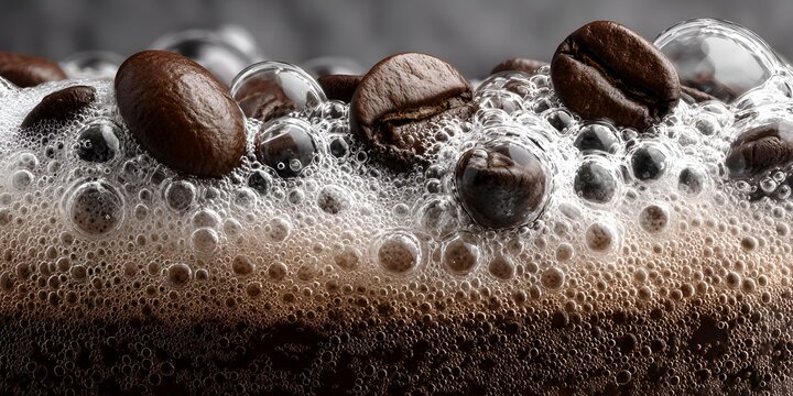 Close up on fresh coffee beans sitting atop a thick layer of frothy foam creating a visually appealing and aromatic beverage presentation.
