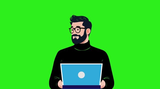 Cartoon Man Working On Laptop Green Screen Video Animation