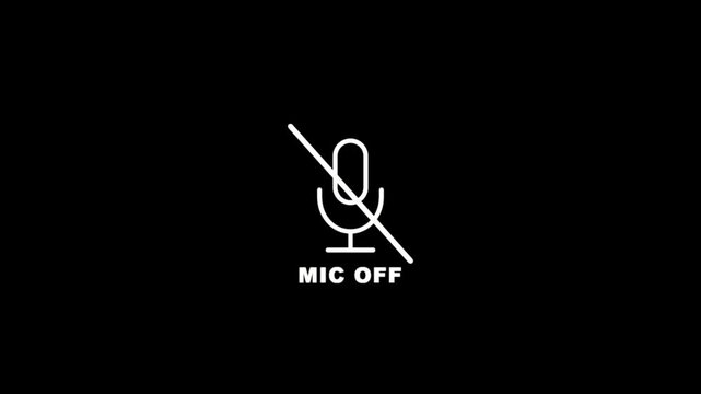 Microphone muted icon overlay with crossed mic symbol on black background, minimal mic off audio disabled indicator for video calls, streaming, podcasts and digital communication interfaces