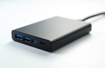 Black portable external hard drive with multiple USB ports on a white background. Compact data storage device for transferring files and backing up information securely.