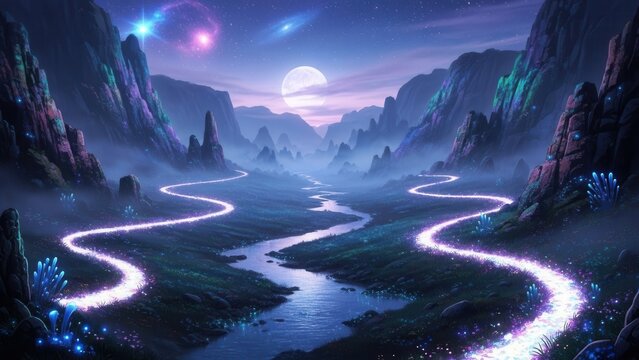 Magical bioluminescent paths winding through dark mountain valley under full moon and stars