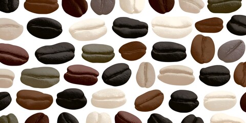 Obraz premium Coffee beans of various roast levels are scattered across a white background creating a visually appealing seamless pattern for packaging use.