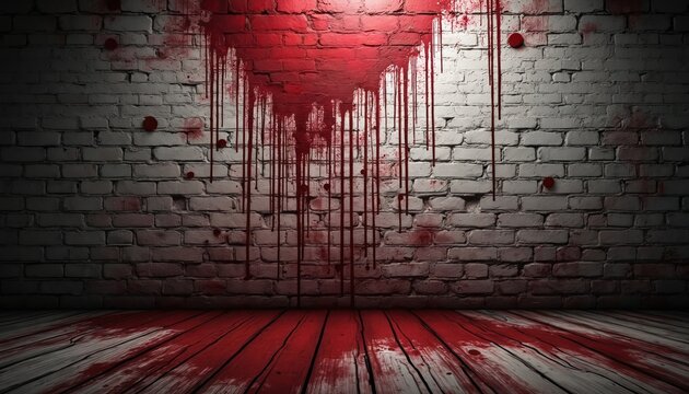 Bloody white brick wall and wooden floor interior. Red paint splatters and drips create scary, spooky, or crime scene atmosphere. Dark moody lighting.