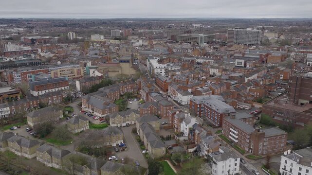 Establishing aerial view of Northampton, town in England's East Midlands. Famous for shoemaking industry