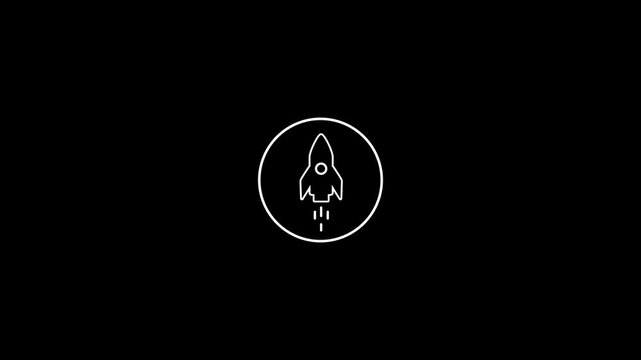 Minimalistic rocket launch with circular outline on black background symbolizing space exploration technology and innovation