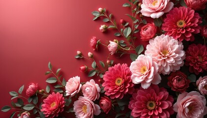 Fototapeta premium Arrangement of pink and red flowers with green leaves on a plain red background. Lush blossoms and buds create a decorative border, suitable for festive cards and invitations.