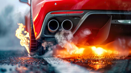 Fototapeta premium Red Sports Car Exhaust Emitting Smoke and Fire