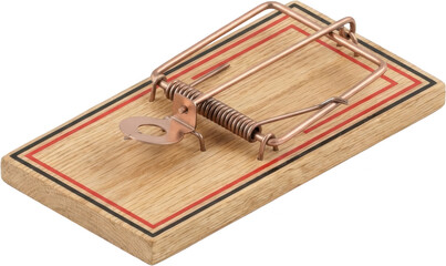 A classic wooden mousetrap with copper metal spring mechanism and triggering plate featuring red and black decorative border lines on the wood rodent trap transparent background