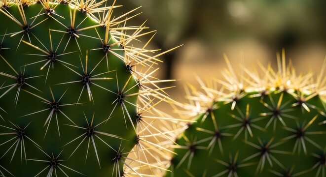 Macro shot showing the sharp, dense spines covering the surface of a fleshy cactus pad in a warm, dry Mediterranean climate garden setting, botany, natural, agriculture
