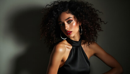 Naklejka premium Woman with curly dark hair wears black halter dress and hoop earrings. She has red lipstick and bold makeup. Studio portrait with dramatic lighting and shadows. Elegant style, confident pose.