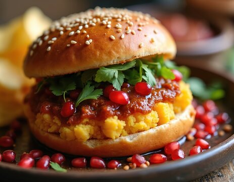 Dabeli sandwich has mashed potato filling, sweet chutney, pomegranate seeds, and fresh cilantro. Served on a sesame seed bun with crispy potato chips.