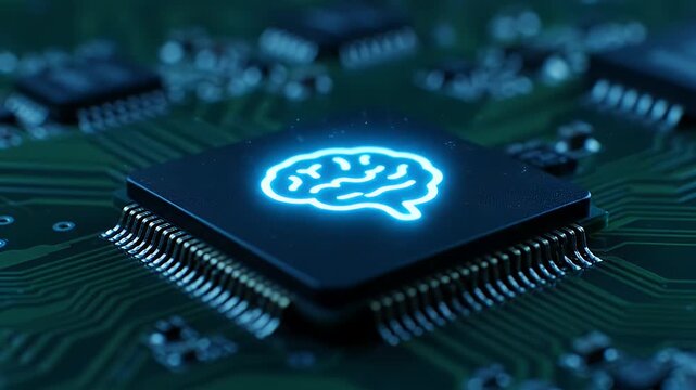 Glowing AI brain icon on a CPU mounted on a circuit board, a technology concept.