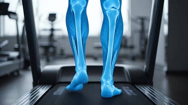 Anatomy of running legs showing bones while exercising on a treadmill in a gym.