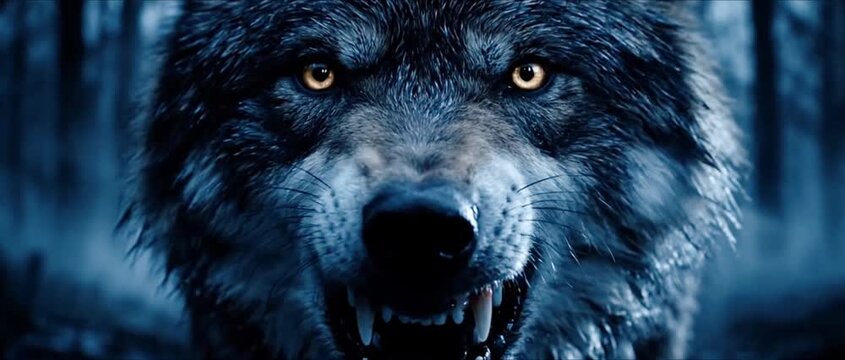 A fierce gray wolf with glowing yellow eyes snarls, baring its sharp teeth in a dark, blue-toned forest.