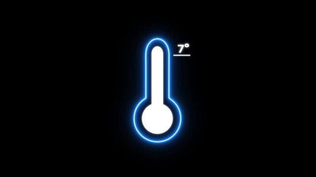 Glowing blue thermometer with 7 degree temperature reading on black background