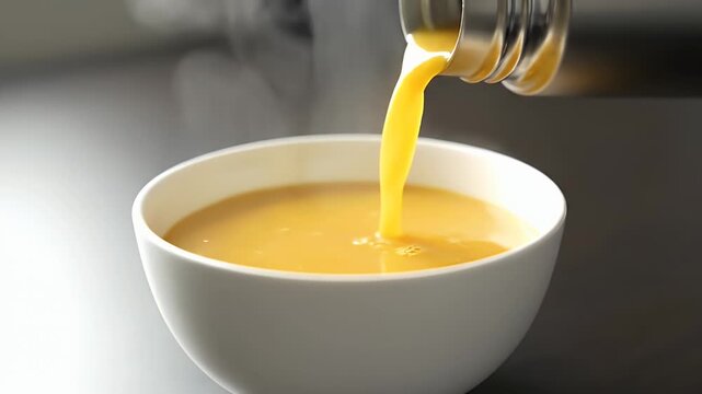 Pouring hot soup with visible steam from a thermos into a white bowl.