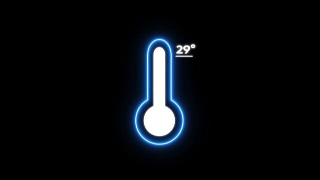 Glowing Blue Thermometer with Temperature Reading 29 Degrees on Black Background neon symbol