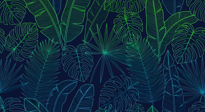 Tropical leaves pattern viewed from above in a dark environment with neon green outlines and vibrant illustrations