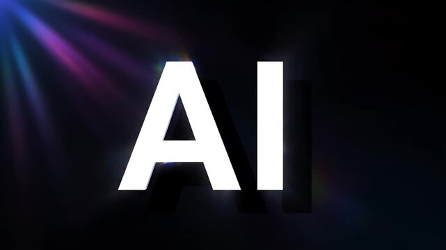 Bold white AI letters illuminated by colored light, a technology concept.