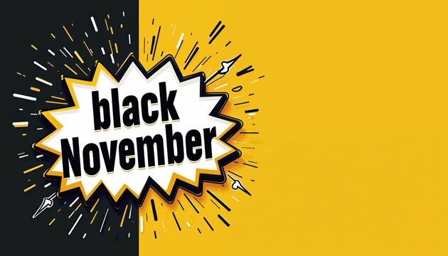 Black November sale announcement with bold text and energetic graphic elements. Modern design for promotions. This illustration advertises discounts and deals.