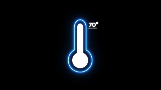 Glowing blue thermometer with 70 degrees temperature display on black background for weather forecast or temperature concept
