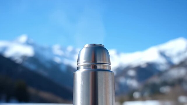 Close-up of steam rising from a thermos against a blue sky and snowy mountains.