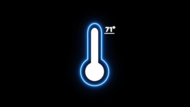 Glowing Blue Thermometer with Temperature Reading 71 Degrees on Black Background weather climate