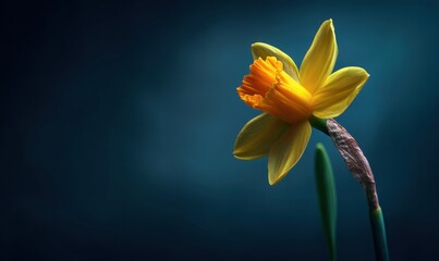 Macro photograph of a yellow daffodil on upright stem, dark navy studio backdrop, selective focus on trumpet center © TheoTheWizard