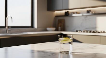 Glass of Lemon Water on Modern Kitchen Countertop with Natural Sunlight