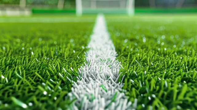 Green Field of Play: An intimate perspective of a lush, artificial turf field, with a crisp, white line guiding the eye towards an implied goal.