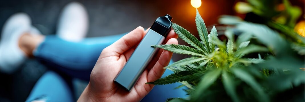 Vape pen in hand with cozy interior and plant background