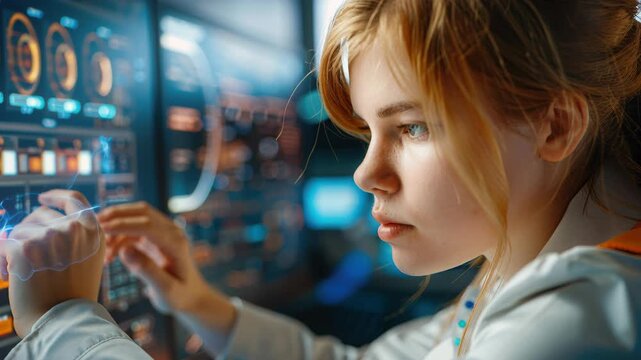 Tech Savvy Scientist: A focused young scientist meticulously examines complex data on advanced technological interfaces.
