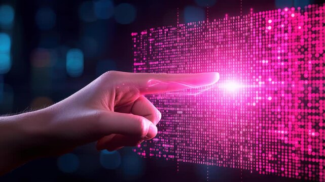 Digital Connection: A human touch interacts with a glowing, digital matrix, symbolizing the intricate interplay between human interaction and the digital world.