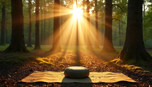 Morning sunbeams filter through forest trees onto a yoga mat and cushion. Peaceful nature setting for meditation, mindfulness, and outdoor wellness practices. Serene and tranquil environment.