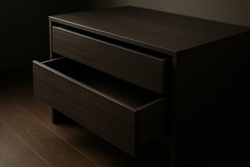 A sleek, modern dark brown wooden nightstand features one open drawer, highlighting its minimalist design and textured wood grain under dramatic lighting. Ideal for interior decor and furniture